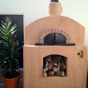 Tan adobe finish Italian brick pizza oven.