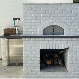Beautiful white brick exterior square Italian brick pizza oven unique exterior finish.