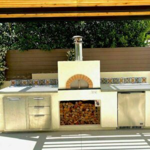 Beautiful white brick square Italian brick pizza oven unique exterior finish.